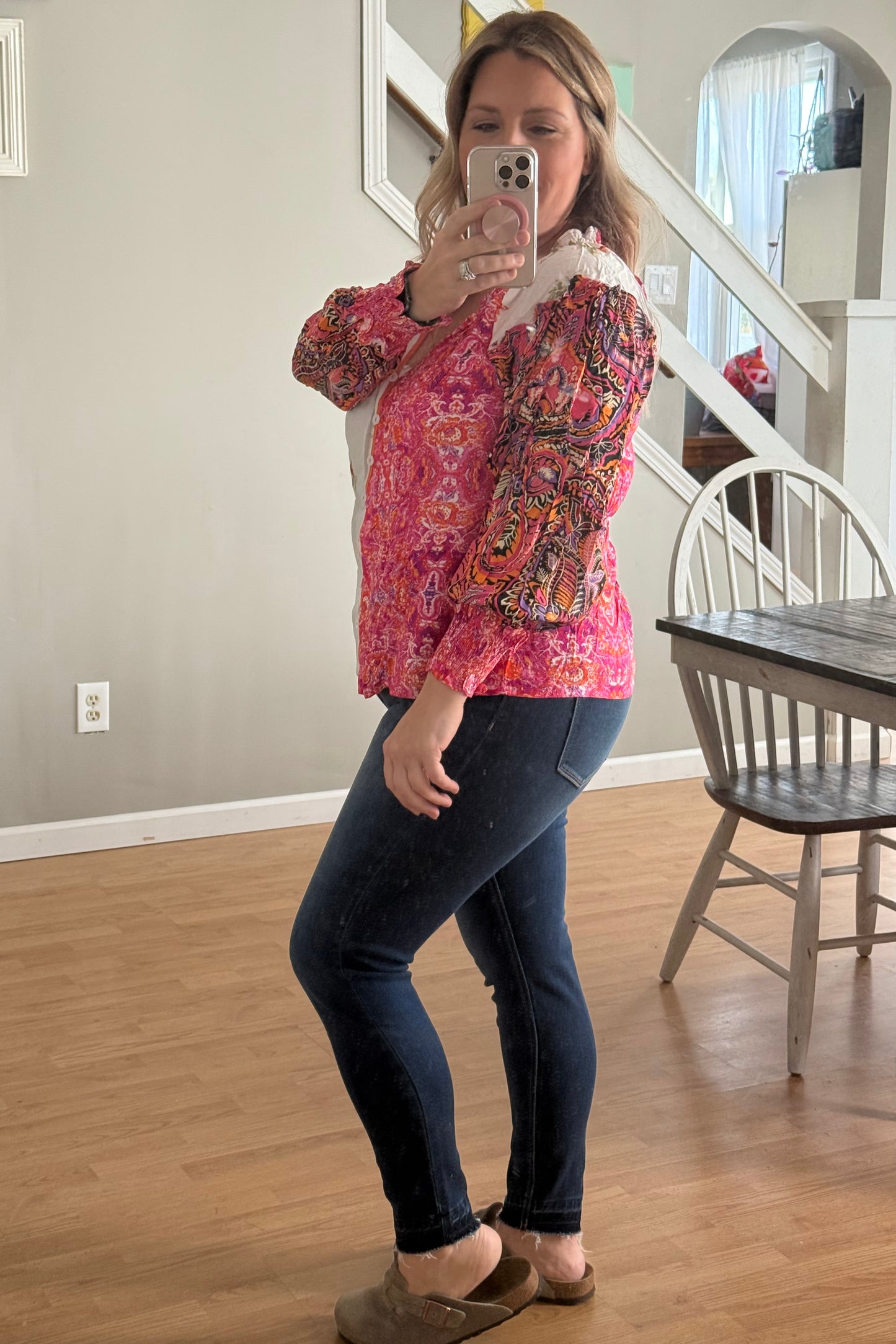 Floral Patchwork Shirred Cuff V Neck Blouse
