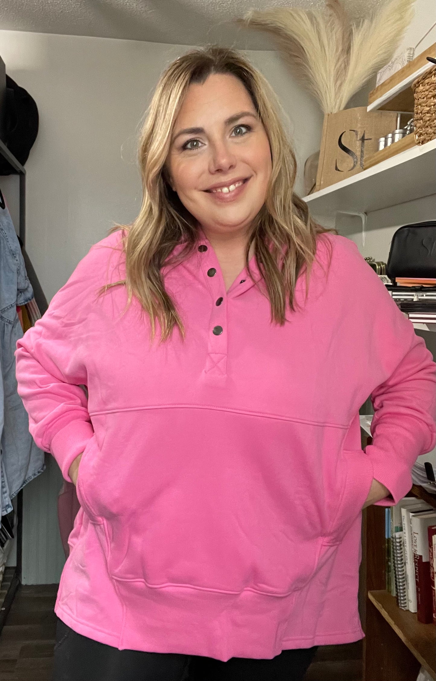 Pink Pocketed Henley Hoodie