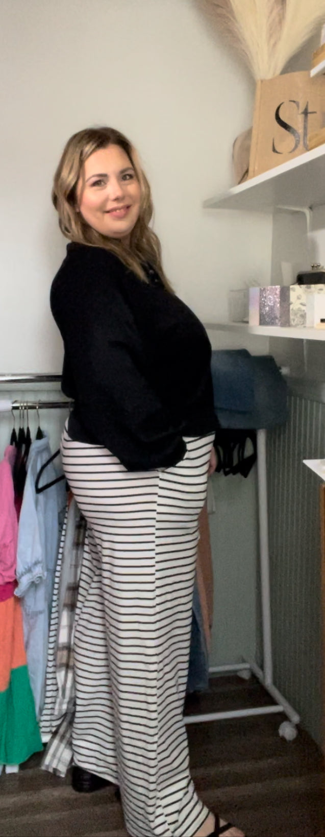 White Drawstring Striped Wide Leg Pants