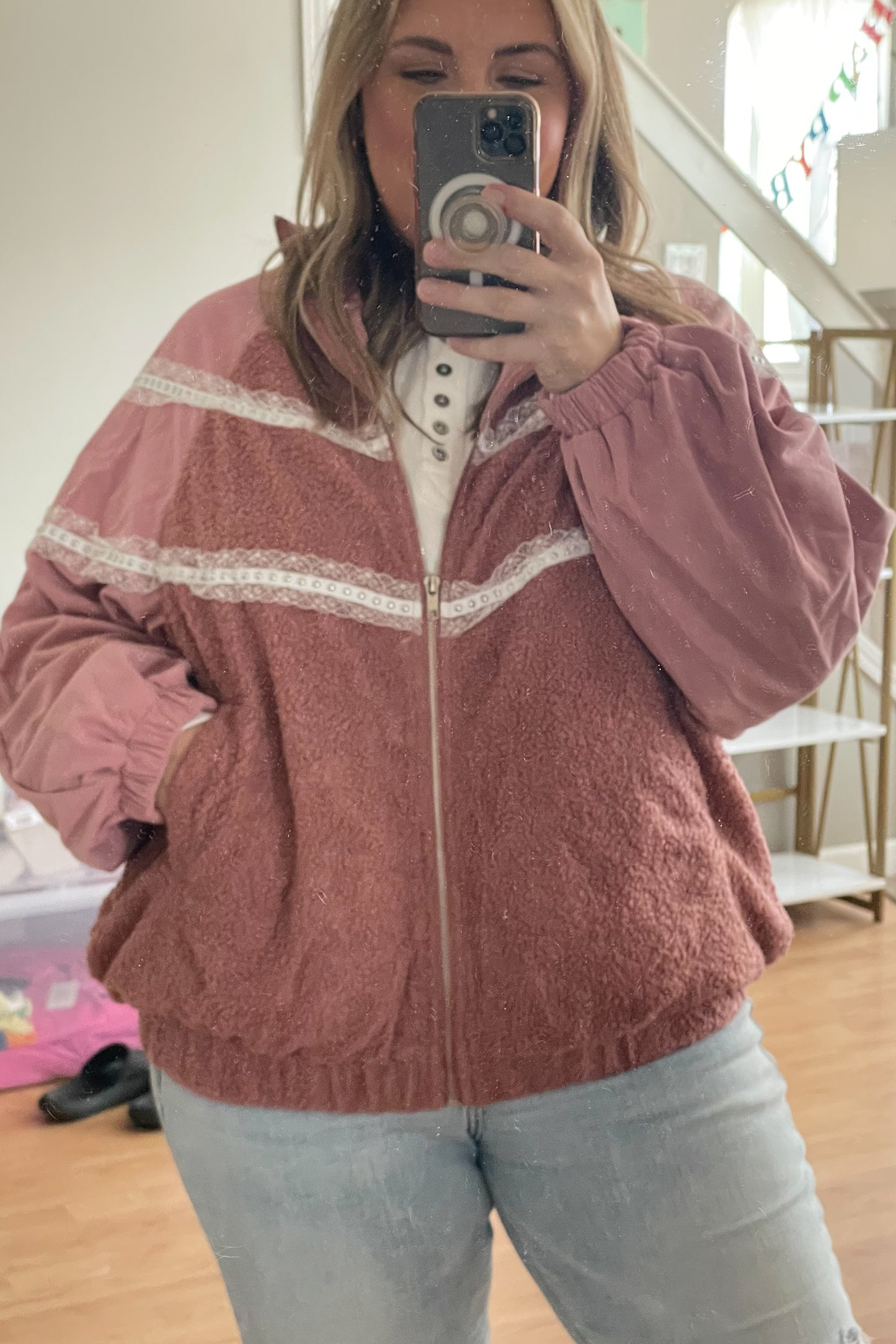 Pink Sherpa Patchwork Lace Jacket