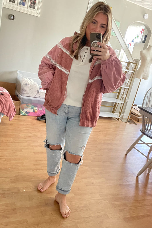 Pink Sherpa Patchwork Lace Jacket