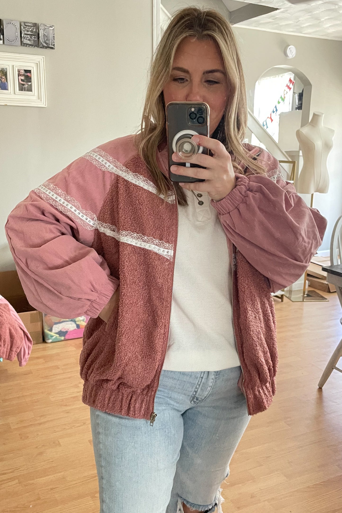 Pink Sherpa Patchwork Lace Jacket