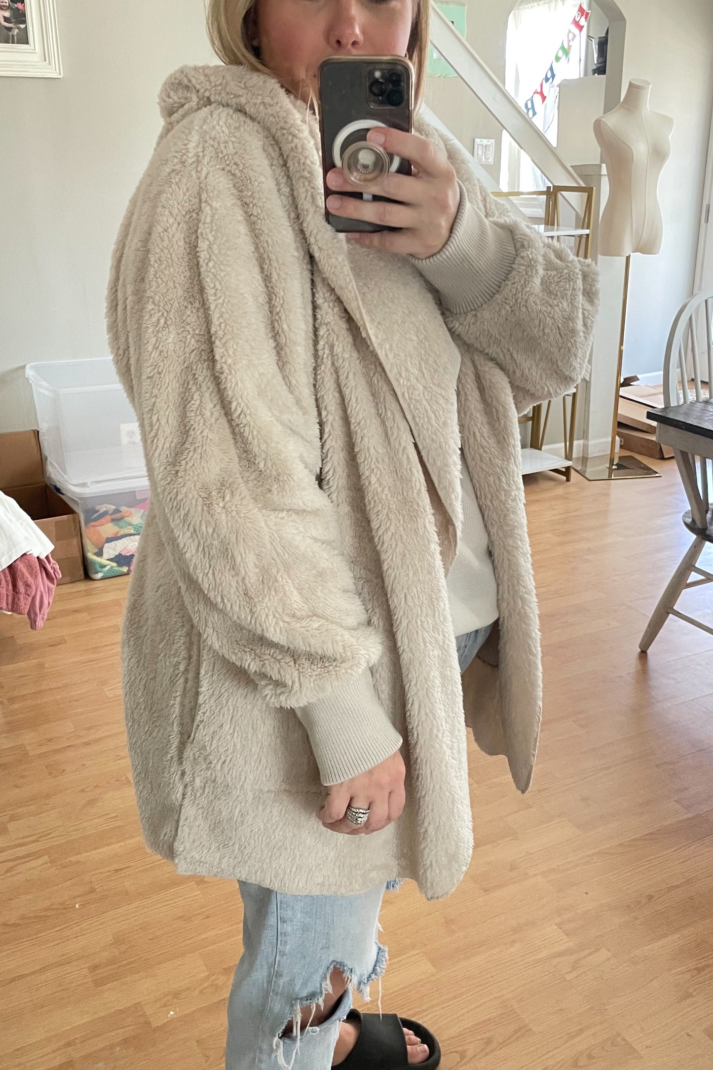 Faux Fur Hooded Jackets with Pockets