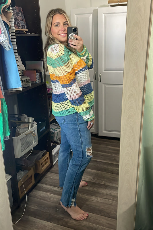 Striped Colorblock Hollow Knitted Top