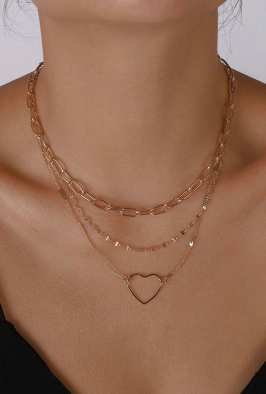 Gold Heart Pendant Triple Layered Necklace