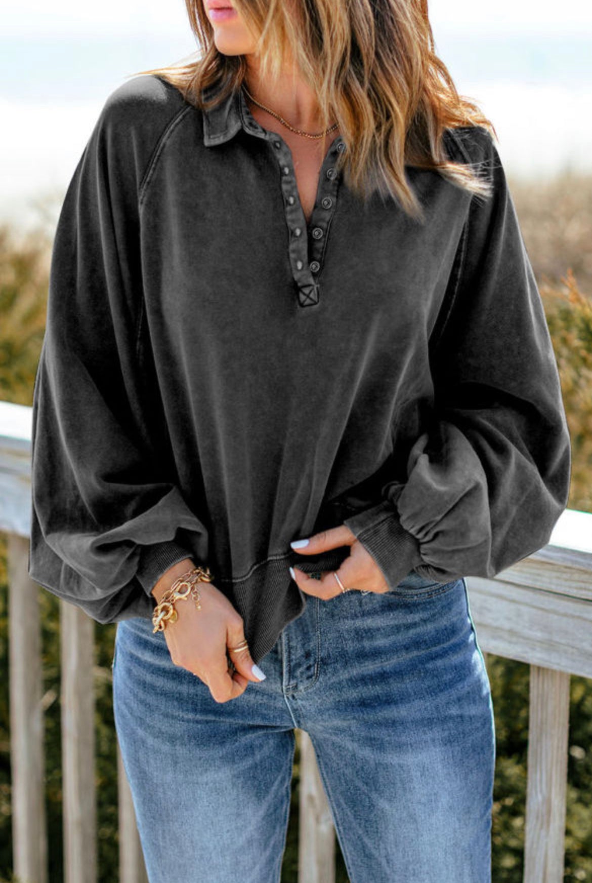 Black Washed Snap Button Lantern Sleeve Pullover Sweatshirt