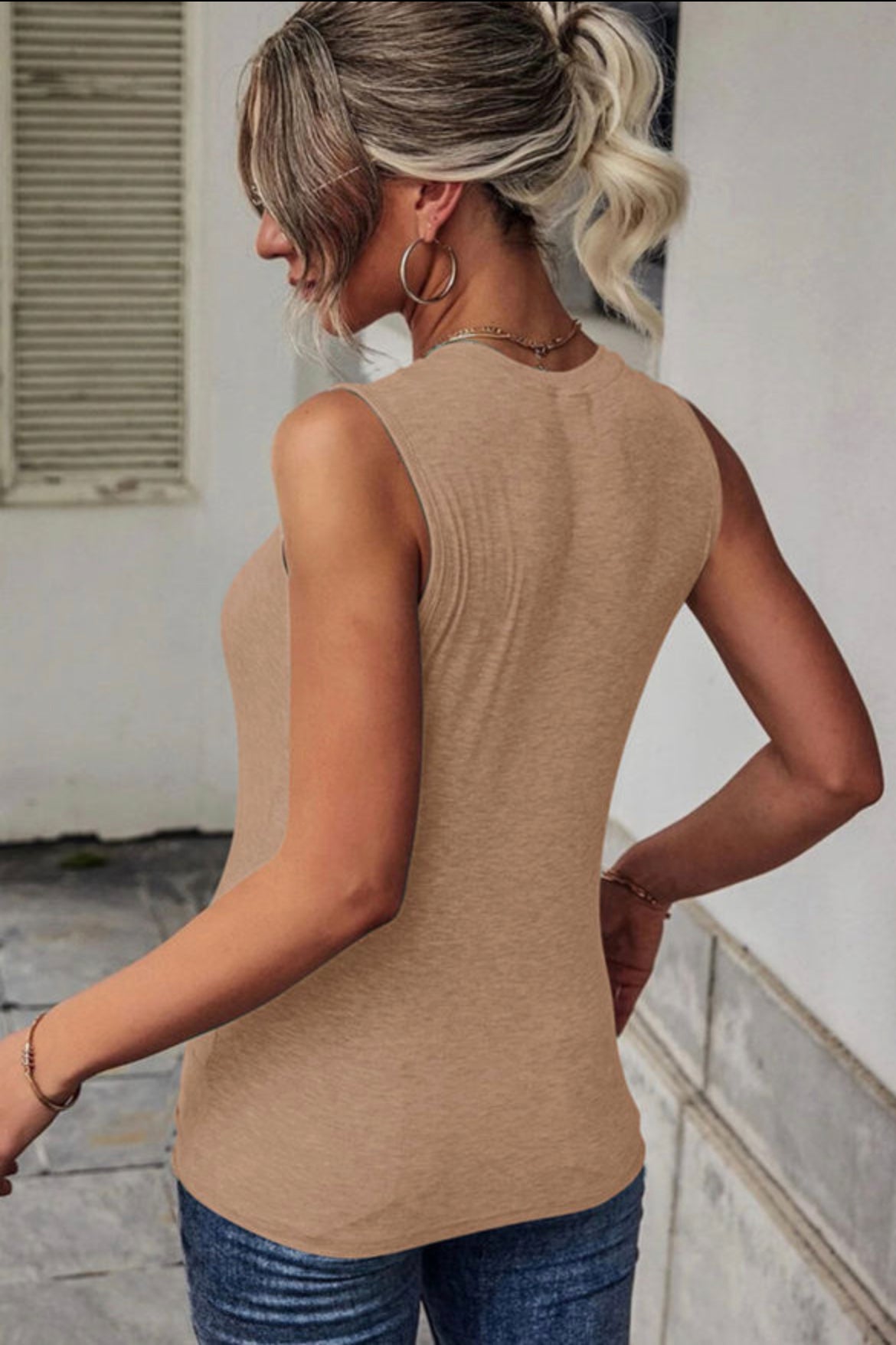 Khaki Rib Knit Cut-out Front Twist Tank Top