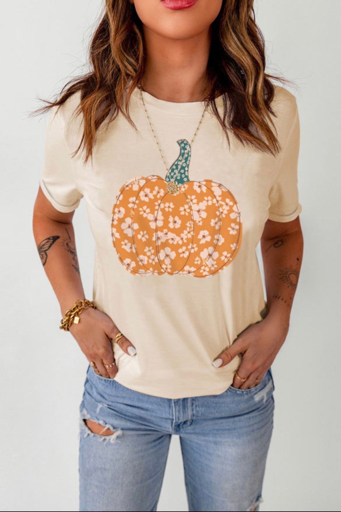 Khaki Sweet Floral Pumpkin Graphic Tee