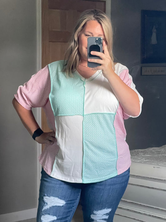 Sky Blue Plus Size Color Block Outseam Knit Top