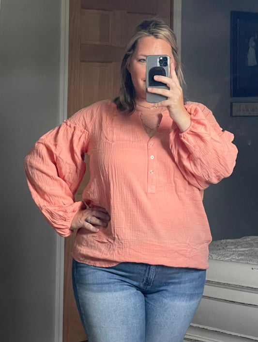 Pink Casual Balloon Sleeve Crinkled Top