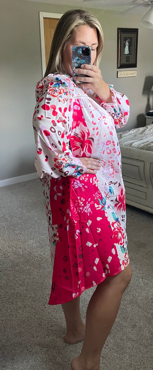 Rose Floral Long Sleeve Plus Size Shift Dress