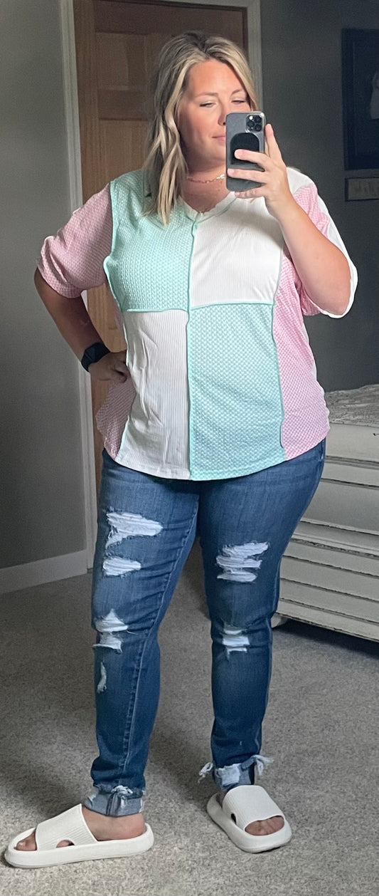 Sky Blue Plus Size Color Block Outseam Knit Top